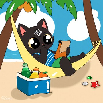 A cartoon illustration of a black cat relaxing on a banana-shaped hammock between palm trees, reading a book and drinking a beverage from a cooler.