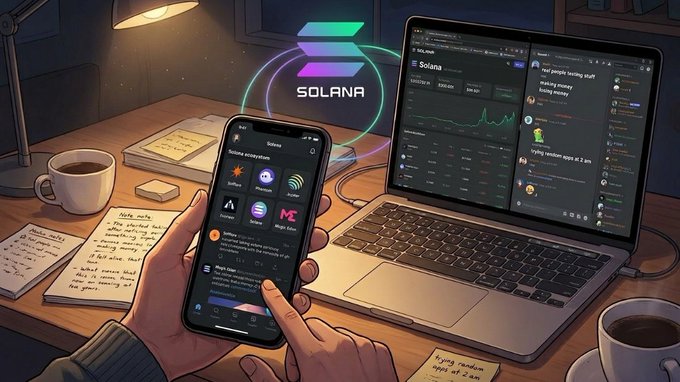 The image shows a person holding a cell phone displaying an app called "solana" with a laptop computer nearby, both placed on a desk. The person appears to be using their phone for some purpose related to the solana app or possibly multitasking between the two devices.