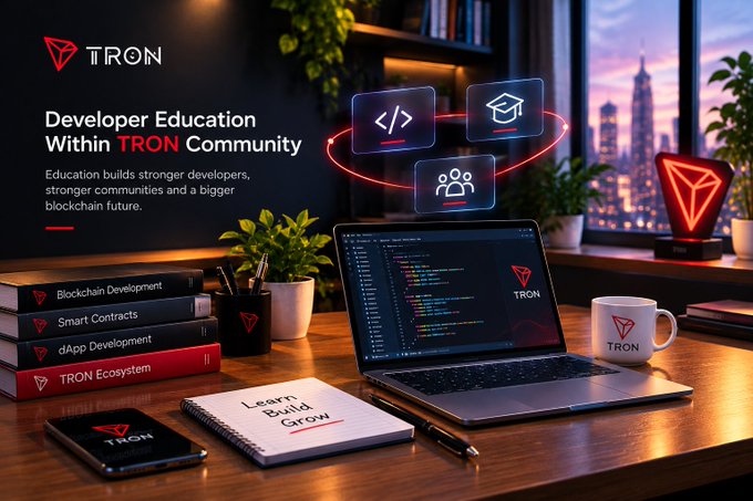 A promotional graphic for the TRON blockchain developer education program features the headline "Developer Education Within TRON Community" alongside images of coding books, a laptop showing code, and educational icons.