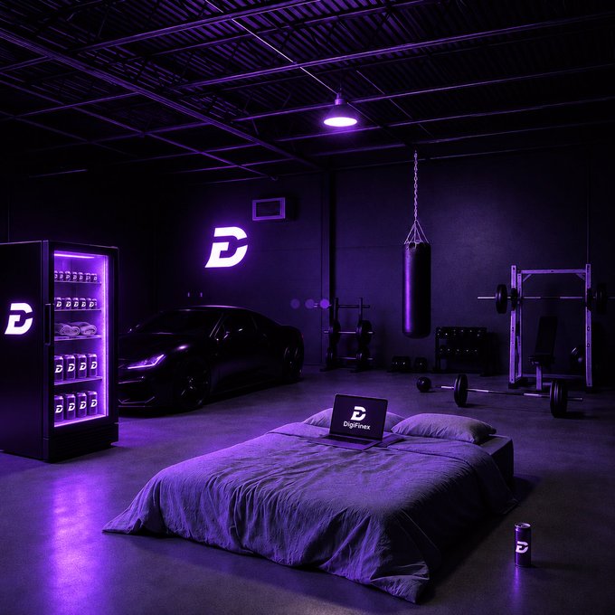 A dark, moody room illuminated by purple neon lights featuring a 'DigiPinex' sign, containing a bed, a black sports car, gym equipment like a punching bag and weights, and a display fridge.