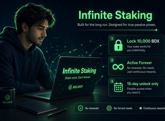 A promotional graphic for Beldex's 'Infinite Staking' featuring a man at a laptop, listing benefits like 'Lock 10,000 BDX', 'Active Forever', and '15-day unlock only'.