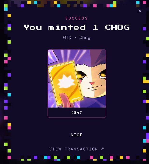 A pixel-art style 'SUCCESS' notification screen displaying 'You minted 1 CHOG' with the 'GTD · Chog' label and a card showing the character 'Chog Genesis' as #847.