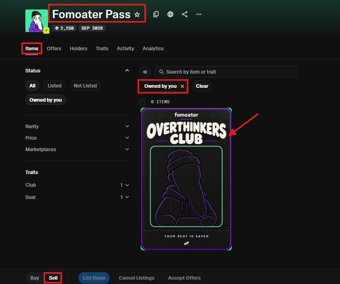 A screenshot of a digital collectibles marketplace showing a 'Fomoater Pass' card labeled 'OVERTHINKERS CLUB' with a silhouetted figure, with 'Items', 'Owned by you', and 'Sell' highlighted in red.