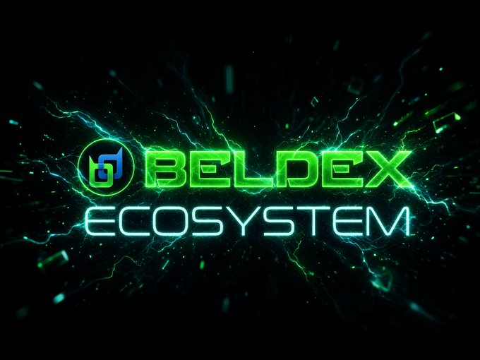 The image displays a futuristic, neon green and blue logo for "BELDEX ECOSYSTEM," featuring the Beldex "bd" symbol surrounded by electric energy effects against a dark background. This visual reinforces the post's message by showcasing the Beldex brand as the privacy-focused network-layer infrastructure powering private messaging, payments, browsing, and identity applications.