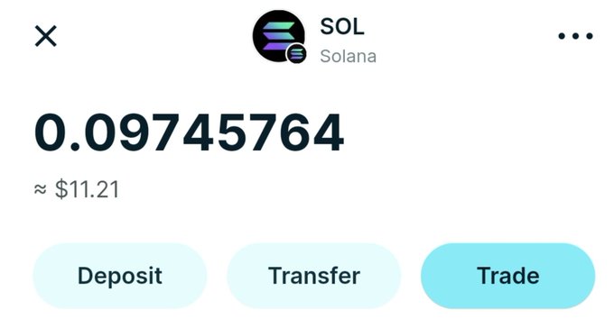 A cryptocurrency wallet screenshot showing 'SOL Solana' with a balance of 0.09745764 (~$11.21) and Deposit, Transfer, and Trade buttons.
