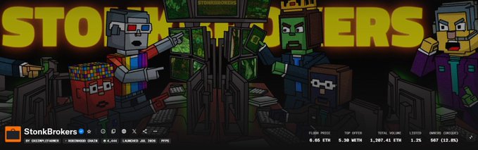 A crypto-themed banner for "StonBrokers" featuring pixel-art characters trading at computer stations, with market stats showing FLOKI PRICE 0.05 ETH, TOP MOVER 1,397.41 ETH, and WINNERS 587 (12.8%).