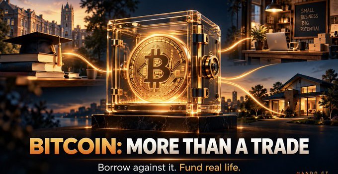 The image features a glowing Bitcoin coin encased in a transparent, secure vault at the center, surrounded by vignettes of a university campus, a small business storefront labeled "Small Business Big Potential," and a modern home—symbolizing tuition, business, and real estate financing. Bold text reads "BITCOIN: MORE THAN A TRADE — Borrow against it. Fund real life," visually reinforcing the post's message about using BTC as collateral for real-world expenses without selling.