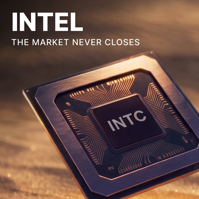 A close-up of a microchip displays the ticker "INTC" at its center, with the bold headline "INTEL — THE MARKET NEVER CLOSES" overlaid in the top left corner, reinforcing the post's message about Intel's 24/7 trading availability on Solana.