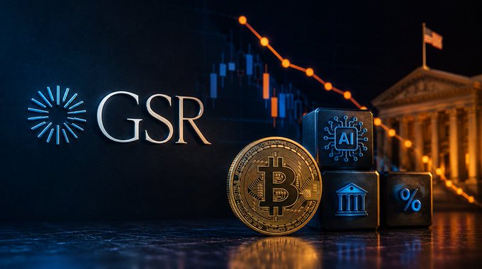 A promotional graphic for 'GSR' shows a physical Bitcoin coin and dark cubes featuring AI, banking, and percentage symbols, set against a background with a declining red line graph and a government building.