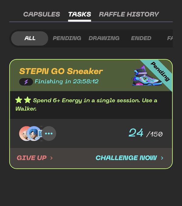 The image shows a screenshot of a mobile device screen with a list of tasks displayed, including "Stepin Go Sneaker" as one of them. The text also mentions that there are two challenges for this task, which could be related to energy consumption or drawing skills. The user might need to complete these challenges in order to progress through the game.