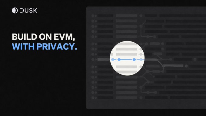 The image is a promotional graphic for Dusk featuring the text "BUILD ON EVM, WITH PRIVACY" alongside a circular icon containing a stylized transaction ledger with connected nodes, set against a dark background with circuit-like patterns. It visually reinforces the post's message about Hedger enabling confidential EVM ownership, balances, and transfers on DuskEVM, contrasting the exposed transaction details of public ledgers with privacy-focused infrastructure.