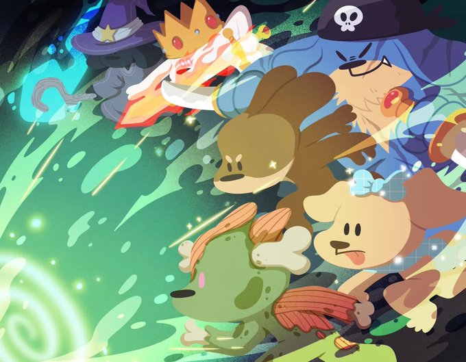 A vibrant, animated illustration features a group of cartoonish characters—including a witch, a pirate, a crowned figure, a bear, a dog, and a green goblin-like creature—charging forward together amidst swirling green magic and glowing energy effects. The image perfectly complements the post about the @doginaldogs TCG launch, capturing the playful, fantasy-themed excitement of the upcoming trading card game.