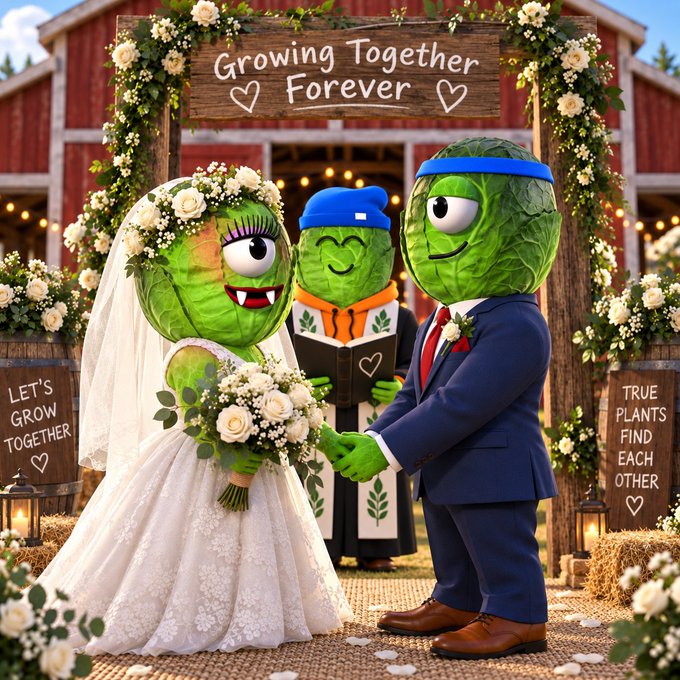An AI-generated image of anthropomorphic lettuce heads at a wedding, with a sign reading 'Growing Together Forever' above them, flanked by smaller signs saying 'LET'S GROW TOGETHER' and 'TRUE PLANTS FIND EACH OTHER.'