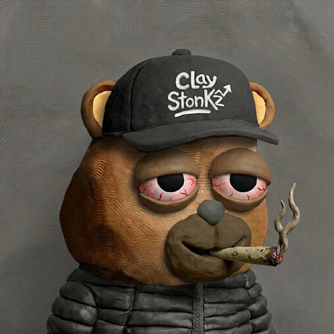A 3D sculpted clay figure of a bear-like character wearing a black "Clay Stonks" cap, bloodshot eyes, and a black puffer jacket, smoking a joint with smoke rising, against a gray background.