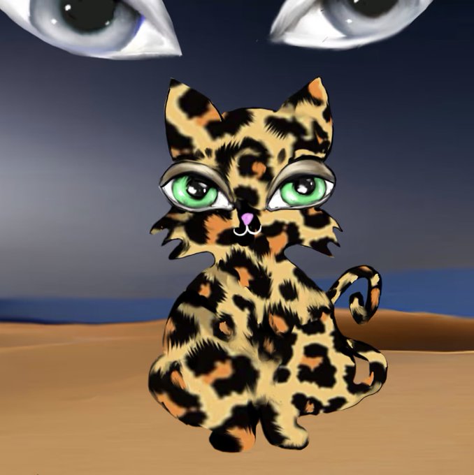 A digital illustration of a spotted leopard cub with bright green eyes sitting on a tan surface, with two large, realistic eyes floating in the dark sky above.