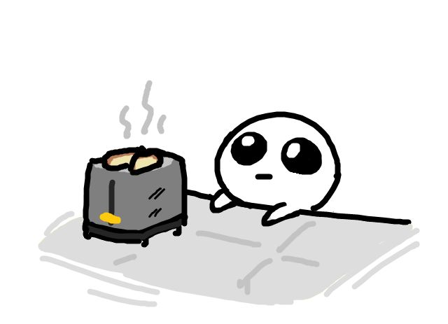 A simple cartoon drawing of a small round white character with large black eyes lying on the floor next to a toaster with two slices of bread popping out.