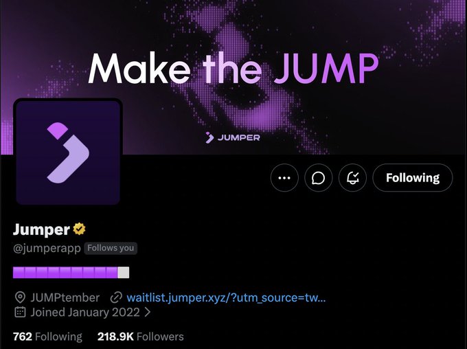 A Twitter/X profile screenshot for 'Jumper' (@jumperapp) featuring the header 'Make the JUMP' with 218.9K followers and a waitlist link.