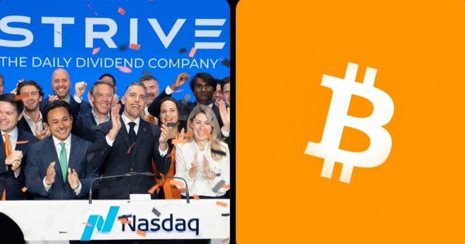 The image shows a celebratory NASDAQ listing scene for Strife, branded as "THE DAILY DIVIDEND COMPANY" (with "STRIVE" in the background), juxtaposed with a large white Bitcoin symbol on an orange background—visually representing the company's recent addition of 79 BTC (~$5 million) to its growing corporate treasury of 20,246 BTC.