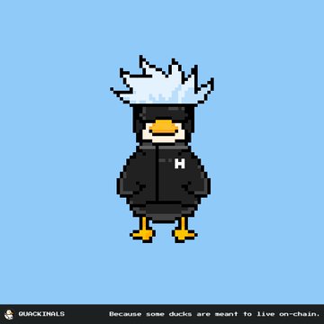 A pixel art illustration of a duck character with white spiky hair wearing a black hoodie with an 'H' logo, with the text 'Because some ducks are meant to live on-chain' at the bottom.