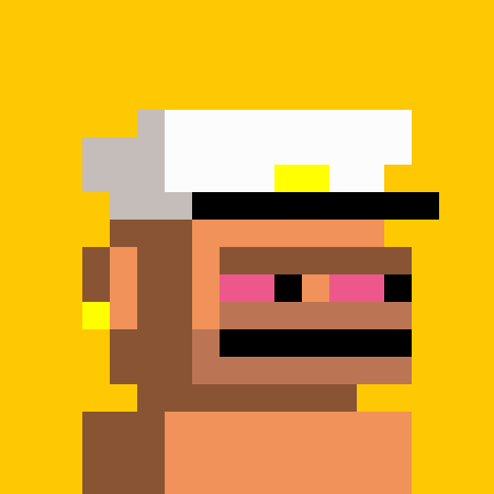A pixel art character with a white cap, pink sunglasses, and a green coat against a yellow background.