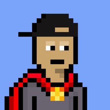 A pixel art portrait of a character with brown skin, white eyes, and a goatee, wearing a backward black cap, gray and red jacket, and a gold chain against a blue background.