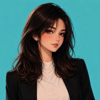 An AI-generated digital illustration of a young woman with long brown hair, wearing a white blouse and black blazer, set against a teal background.