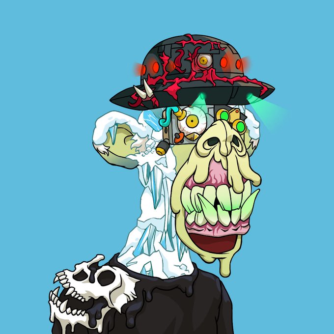 A cartoon illustration of a zombie-like creature with green skin, multiple eyes, a large toothy grin, and a black hat with red cracks.