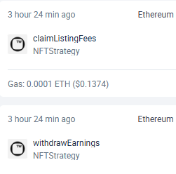 Ethereum transaction history showing 'claimListingFees' and 'withdrawEarnings' both from NFTStrategy, each with gas fee of 0.0001 ETH ($0.1374) from 3 hours 24 minutes ago.