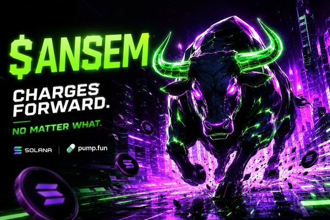 A promotional graphic for the cryptocurrency token "$ANSEM" with the tagline "CHARGES FORWARD. NO MATTER WHAT.", featuring a neon green and purple charging bull and logos for Solana and pump.fun.