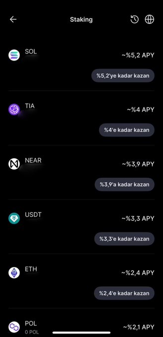 A mobile screenshot of the Staking page on Midas Kripto displays available staking APYs for various cryptocurrencies, including SOL (~5.2%), TIA (~4%), NEAR (~3.9%), USDT (~3.3%), ETH (~2.4%), and POL (~2.1%), directly supporting the post's message about staking options for these 7 crypto assets on the platform.