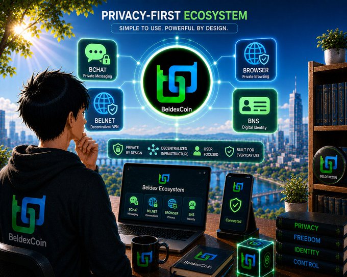 A promotional graphic titled 'PRIVACY-FIRST ECOSYSTEM' for BeldexCoin, showing a person looking at a laptop with icons for BCHAT, BELNET, BROWSER, and BNS services.