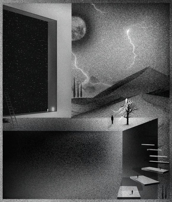 A surreal grayscale illustration showing a small figure standing beneath a bare tree in a desolate landscape with mountains and a lightning storm, framed by geometric architectural openings revealing a starry night sky.