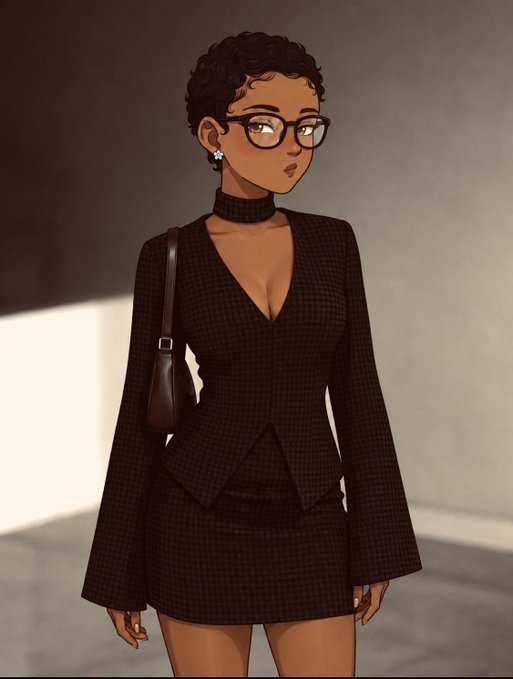 A digital illustration of a woman with short curly hair and glasses, wearing a textured black long-sleeved mini dress and choker, carrying a shoulder bag.
