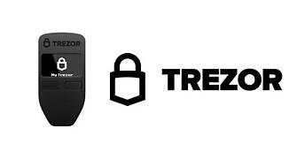 A product image showing a black Trezor cryptocurrency hardware wallet alongside the Trezor logo and padlock symbol.