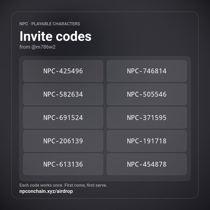 A dark interface screen titled 'NPC · PLAYABLE CHARACTERS' and 'Invite codes' from @m786w2, displaying a grid of ten redeemable codes like 'NPC-425496' and 'NPC-746814' with the note 'Each code works once. First come, first serve.' and the URL 'npconchain.xyz/airdrop'.