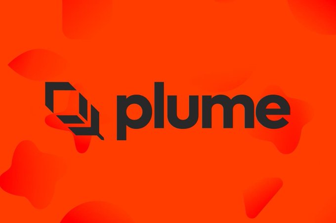 The image displays the "plume" logo in black text alongside its stylized feather icon, set against a vibrant orange background with abstract red fluid shapes. It visually represents Plume Network's branding in the context of its expanded distribution partnership with Binance Wallet for tokenized real-world assets.