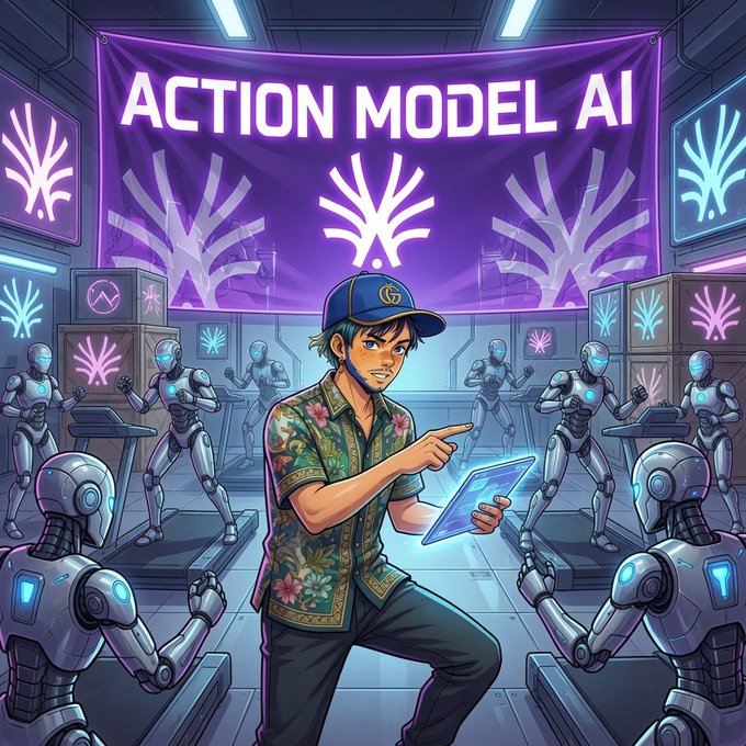 The image features an illustration of a man standing in front of a group of robots wearing hats. The man has a tablet computer in his hand, which he is pointing at while surrounded by the robots. The scene appears to be set within a futuristic environment with neon lights and other elements that suggest a space-themed setting.

The post about ActionModel AI highlights the concept of earning from actions through various platforms like DeFi, SocialFi, and InfoFi. It emphasizes how these platforms allow users to create value by performing specific tasks or providing valuable information in exchange for rewards. The image aligns with this theme as it showcases a man using his tablet computer to interact with robots, potentially offering some form of reward or payment in return.