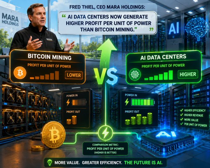 An infographic compares Bitcoin mining and AI data centers, featuring a quote from Fred Thiel, CEO of MARA Holdings, stating 'AI DATA CENTERS NOW GENERATE HIGHER PROFIT PER UNIT OF POWER THAN BITCOIN MINING,' accompanied by graphs and icons showing power input versus profit output.