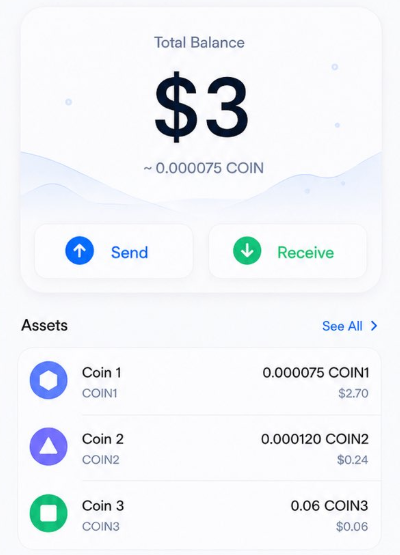 A crypto wallet app displays a total balance of just $3 (~0.000075 COIN), with assets listed as Coin 1 ($2.70), Coin 2 ($0.24), and Coin 3 ($0.06). The image humorously illustrates Katie Price's discovery that her ex-husband Lee Andrews's "crypto millionaire" wallet held virtually nothing.