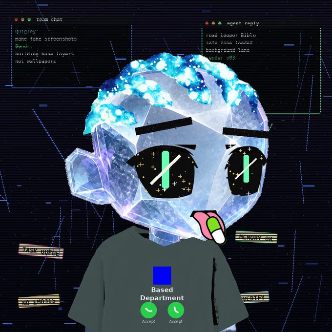An ice-crystal-skulled cartoon avatar with galaxy-filled eyes wears a gray "Based Department" shirt displaying a purple Base logo and two green "Accept" call buttons, set against a dark hacker terminal backdrop showing "team chat" and "agent reply" windows. The image visualizes the post's concept of AI agent NFTs on Base, depicting a digital agent ready to accept tasks like creating "fake screenshots," "building base layers," and writing "wallpapers" while displaying "MEMORY OK" and "TASK QUEUE" system statuses.