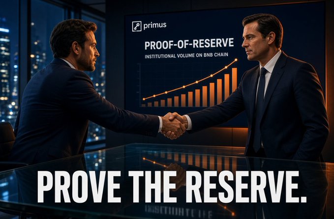 A promotional image for 'primus' showing two businessmen shaking hands in front of a screen displaying 'PROOF-OF-RESERVE INSTITUTIONAL VOLUME ON BNB CHAIN' with an upward-trending chart, captioned 'PROVE THE RESERVE.'