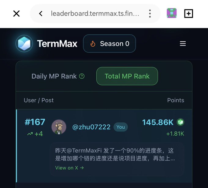 The image shows a computer screen displaying a leaderboard for a game called "TermMax" with a total of 150,861 points. The user has achieved the highest score among all players who have played the game. The post on social media is titled "@TermMax fi" and includes a link to the leaderboard page.