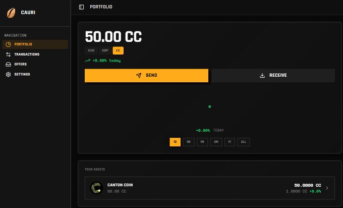 The image shows a screenshot of a cryptocurrency trading dashboard for the Cauri network. The dashboard displays various information about transactions, including the amount of 50,000 CC being sent from one account to another. There are also options to view different types of transactions, such as portfolio and transaction details. Additionally, there is an option to view the wallet's balance, which shows that it has been used for a successful transaction. The overall layout and design of the dashboard appear to be user-friendly and well-organized, making it easy for users to navigate and understand the available features.