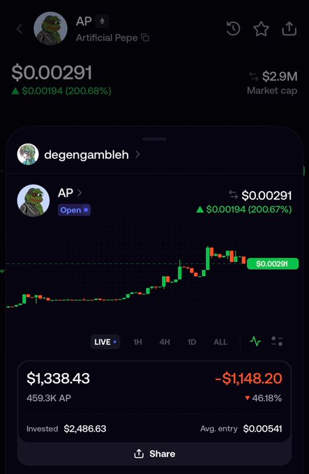 A crypto trading interface shows a user's "Artificial Pepe" ($AP) position currently valued at $1,338.43 against a $2,486.63 investment, down 46.18% (-$1,148.20), with the token's price at $0.00291 and a market cap of $2.9M. The post's complaint about an order executing at 5.4m while the price "never reached there" is reflected in the displayed average entry price of $0.00541, which is significantly higher than the current price, illustrating the instant loss the user is highlighting.