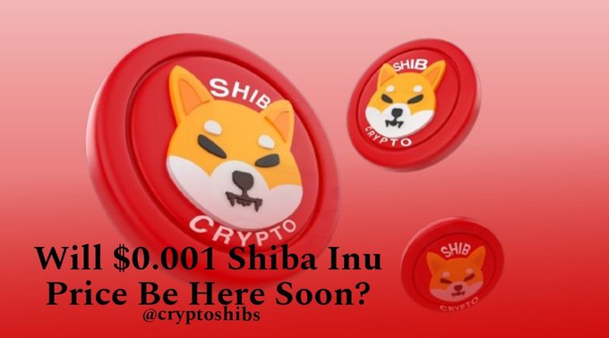 Three red Shiba Inu "SHIB CRYPTO" coins float against a pink gradient background, with text reading "Will $0.001 Shiba Inu Price Be Here Soon? @cryptoshibs"—visually reinforcing the post's bullish message to "Believe in $SHIB" by highlighting the ambitious price target.