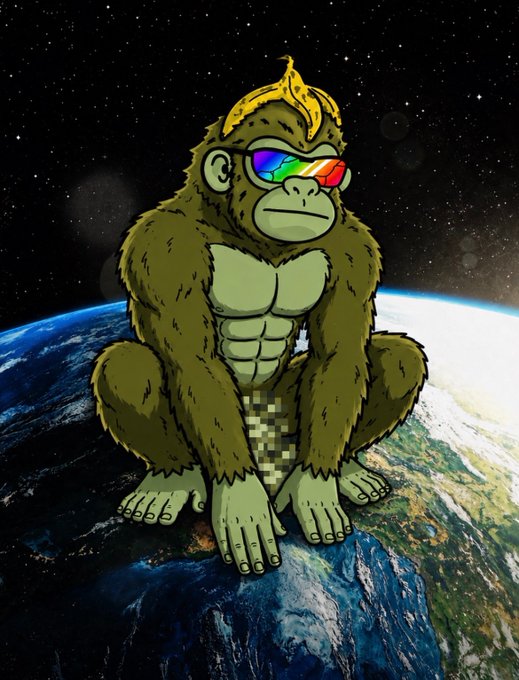 A cartoon illustration of a muscular gorilla wearing rainbow-colored sunglasses, sitting on Earth against a starry space background, with a pixelated area covering its crotch.