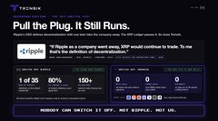 The image shows a Newsweek headline titled "Pull the Plug, It Still Runs," with a subheading referencing Ripple CEO Brad Garlinghouse's claim that XRP would continue to trade even if Ripple were shut down due to its decentralized nature. Below the headline is a snippet showing XRP's market data, including a 1 of 35 rating, 90% bullish consensus, and 150+ buy/tick back currencies, aligning with the post's message that XRP operates independently from Ripple.