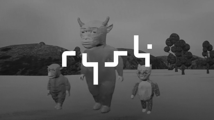 A black and white scene with three claymation-style figures (a large horned one and two smaller ones) on a plain landscape, overlaid with a white abstract logo.