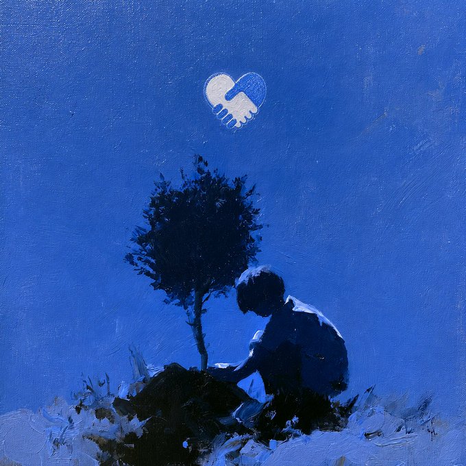 A silhouette of a person plants a small tree on a hill under a heart-shaped handshake logo against a deep blue sky, symbolizing renewal and care for the environment. The image visually reinforces the message about extending the $CHANCE community's values beyond helping people and animals to include protecting the planet.