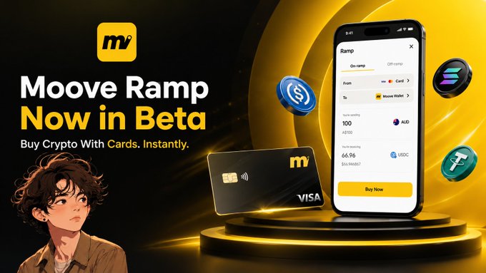 A promotional banner for 'Moove Ramp Now in Beta' offering 'Buy Crypto With Cards, Instantly,' showing a mobile app interface, a black Moove Visa card, and an anime-style character illustration.
